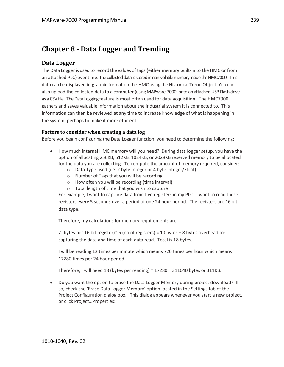 Chapter 8 - data logger and trending, Data logger, Factors to consider when creating a data log | Maple Systems MAPware-7000 User Manual | Page 239 / 336