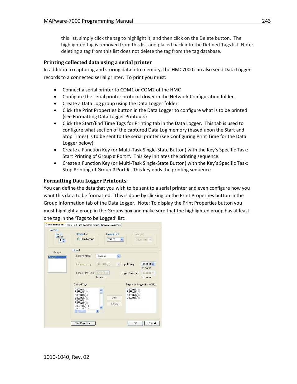 Printing collected data using a serial printer, Formatting data logger printouts | Maple Systems MAPware-7000 User Manual | Page 243 / 336