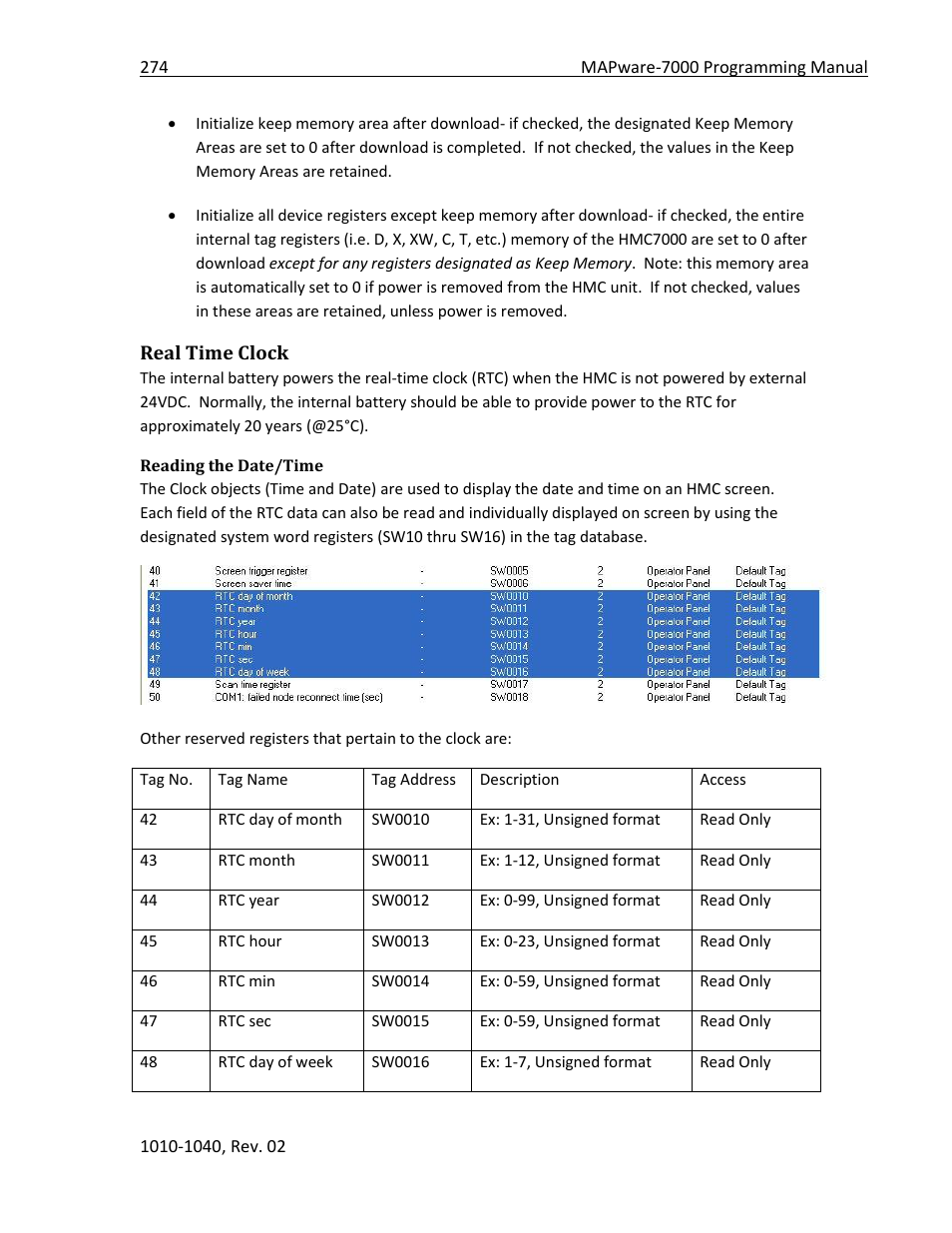 Real time clock, Reading the date/time | Maple Systems MAPware-7000 User Manual | Page 274 / 336