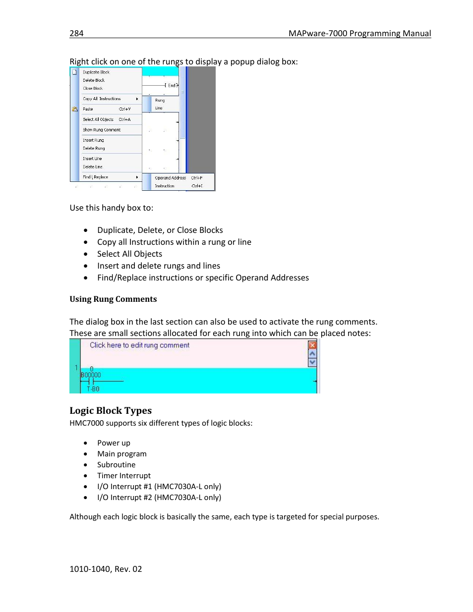 Using rung comments, Logic block types | Maple Systems MAPware-7000 User Manual | Page 284 / 336