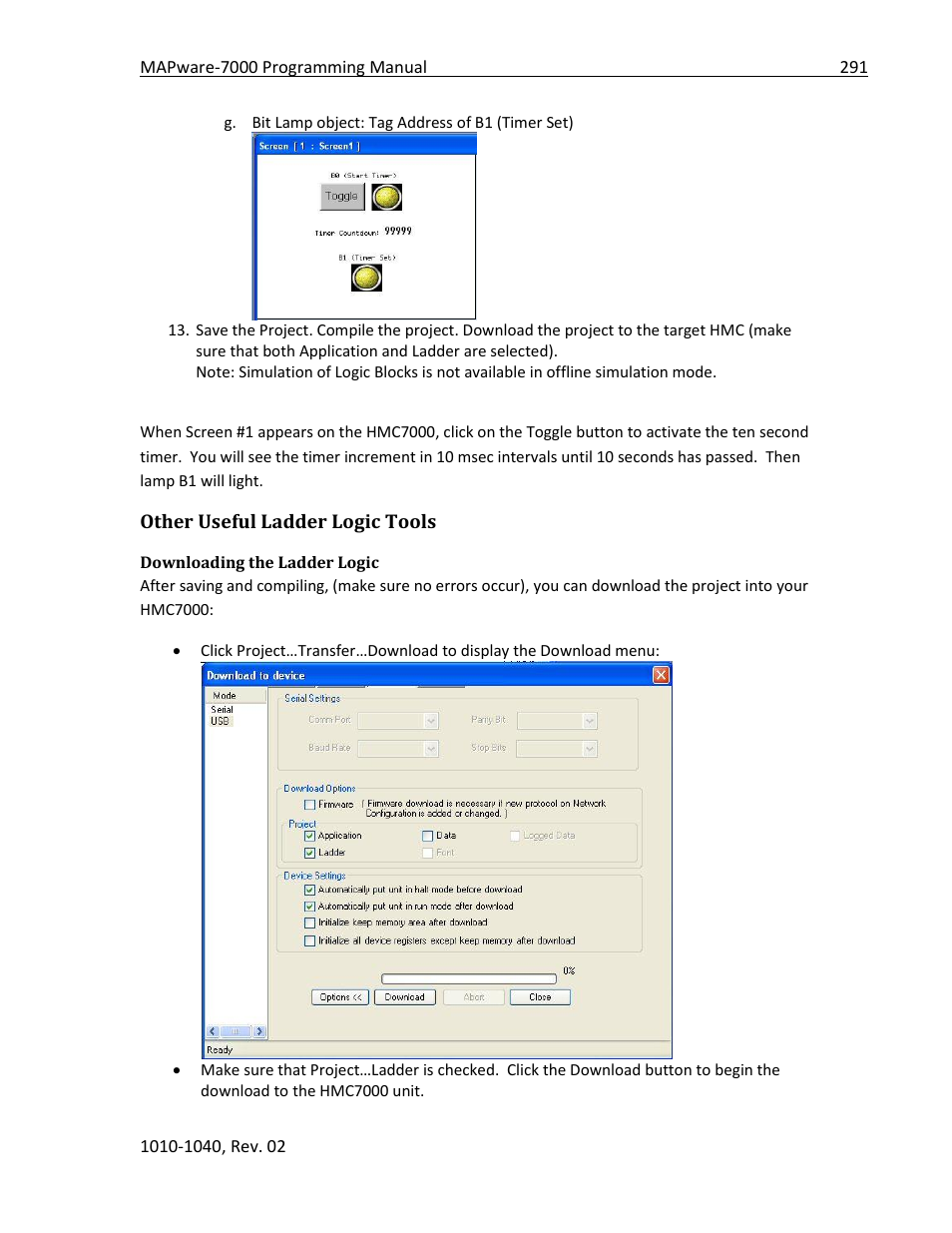 Other useful ladder logic tools, Downloading the ladder logic | Maple Systems MAPware-7000 User Manual | Page 291 / 336