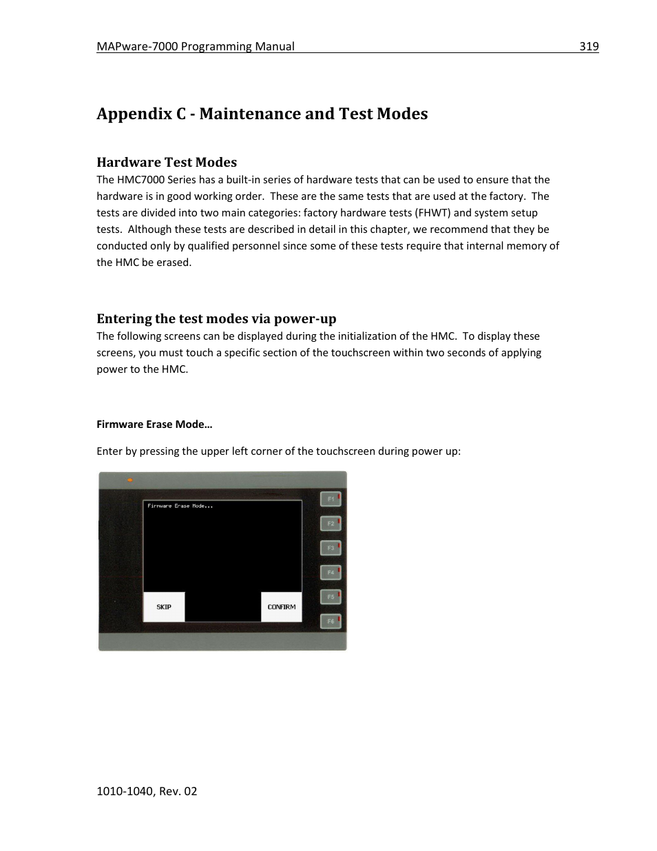 Appendix c - maintenance and test modes, Hardware test modes, Entering the test modes via power-up | Maple Systems MAPware-7000 User Manual | Page 319 / 336