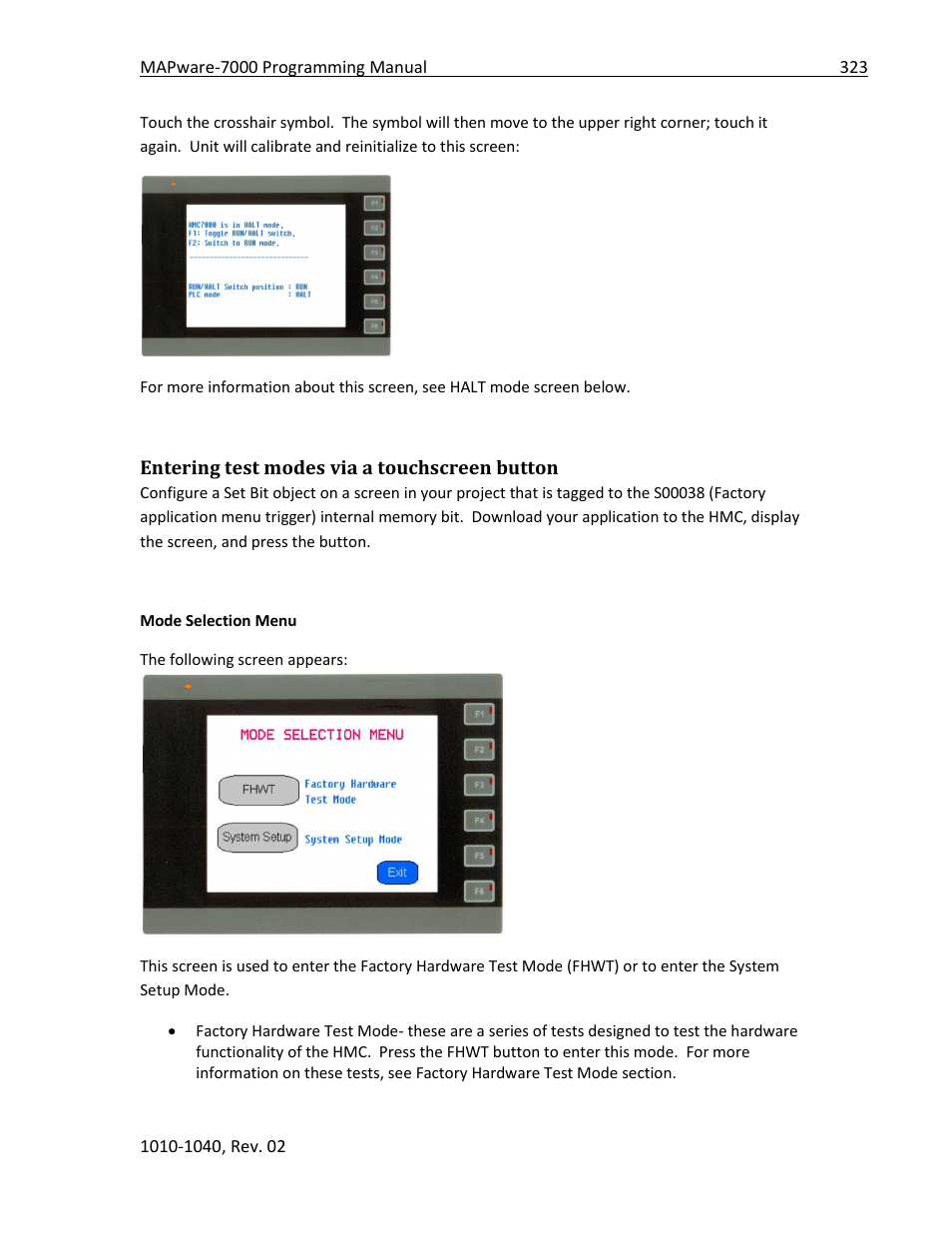 Entering test modes via a touchscreen button | Maple Systems MAPware-7000 User Manual | Page 323 / 336
