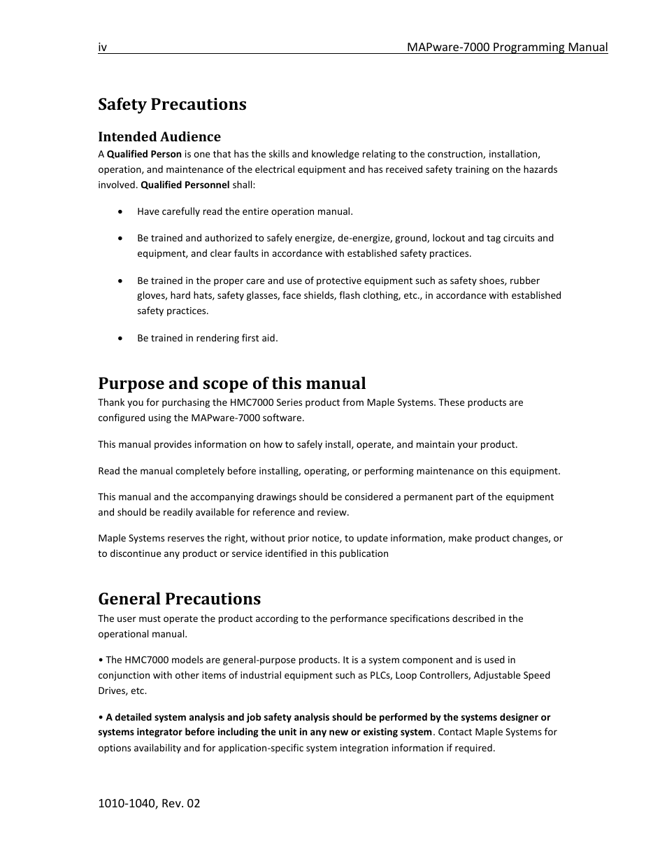 Safety precautions, Purpose and scope of this manual, General precautions | Intended audience | Maple Systems MAPware-7000 User Manual | Page 4 / 336