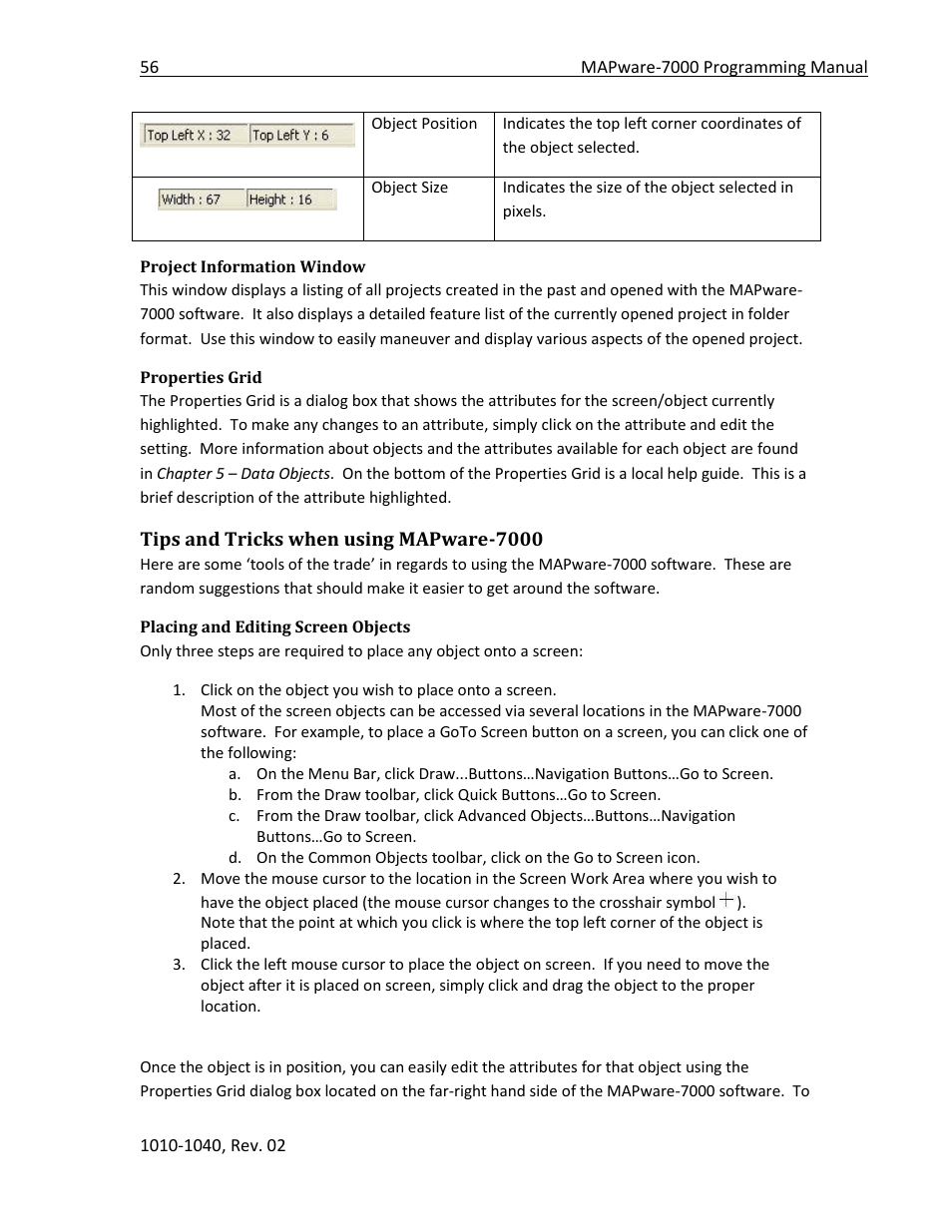 Project information window, Properties grid, Tips and tricks when using mapware-7000 | Placing and editing screen objects | Maple Systems MAPware-7000 User Manual | Page 56 / 336