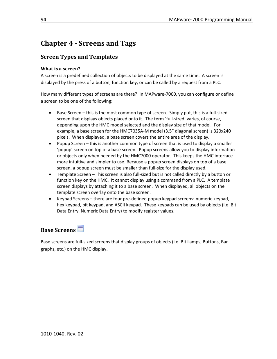 Chapter 4 - screens and tags, Screen types and templates, What is a screen | Base screens | Maple Systems MAPware-7000 User Manual | Page 94 / 336