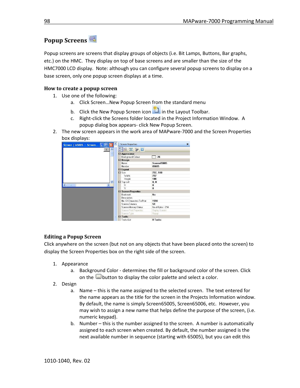 Popup screens, How to create a popup screen, Editing a popup screen | Maple Systems MAPware-7000 User Manual | Page 98 / 336