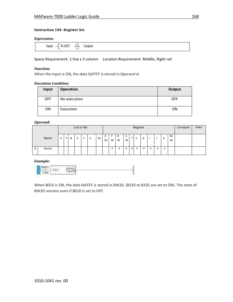Instruction 104- register set | Maple Systems MAPware-7000 User Manual | Page 176 / 190