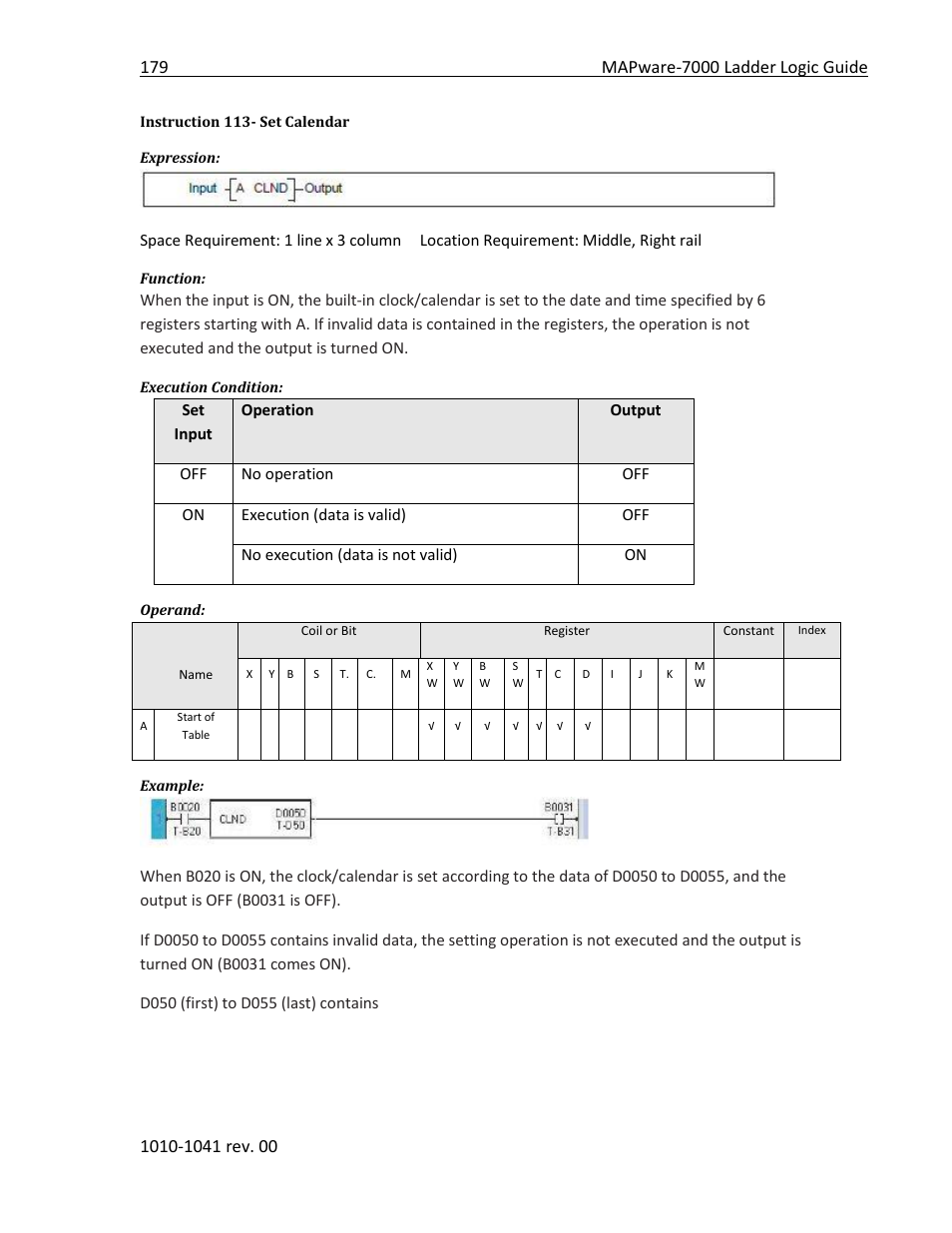 Instruction 113- set calendar | Maple Systems MAPware-7000 User Manual | Page 187 / 190