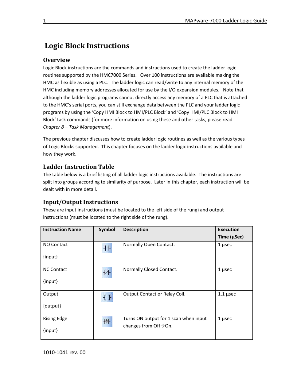 Logic block instructions, Overview, Ladder instruction table | Input/output instructions | Maple Systems MAPware-7000 User Manual | Page 9 / 190