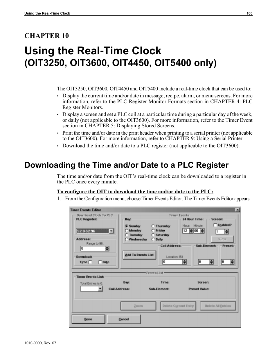 Downloading to a plc register 100, Using the real-time clock, Downloading the time and/or date to a plc register | Chapter 10 | Maple Systems OIT Family User Manual | Page 100 / 127