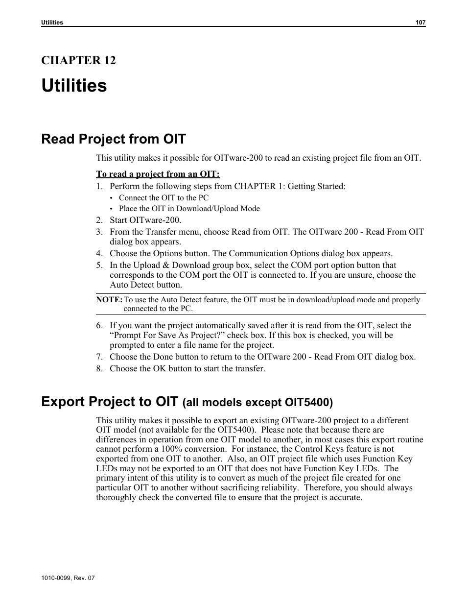 Chap ter 12: util ities 107, Read pro ject from oit 107, Export project to oit 107 | Read project from oit 107, Utilities, Read project from oit, Export project to oit, Chapter 12, All models except oit5400) | Maple Systems OIT Family User Manual | Page 107 / 127