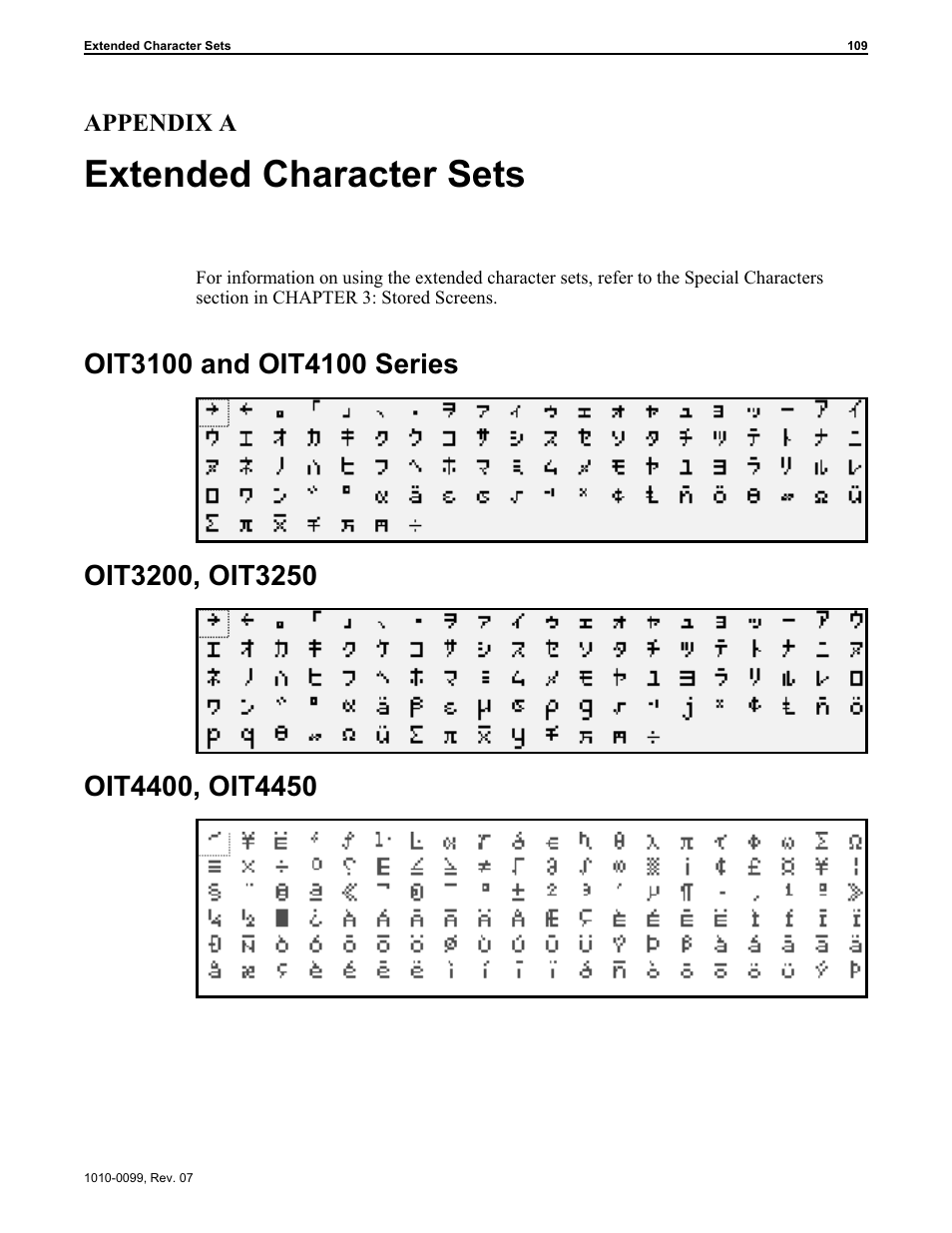 Ap pen dix a: ex tended char ac ter sets 109, Oit3100 and oit4100 se ries 109, Oit3200, oit3250 109 | Oit4400, oit4450 109, Extended character sets | Maple Systems OIT Family User Manual | Page 109 / 127