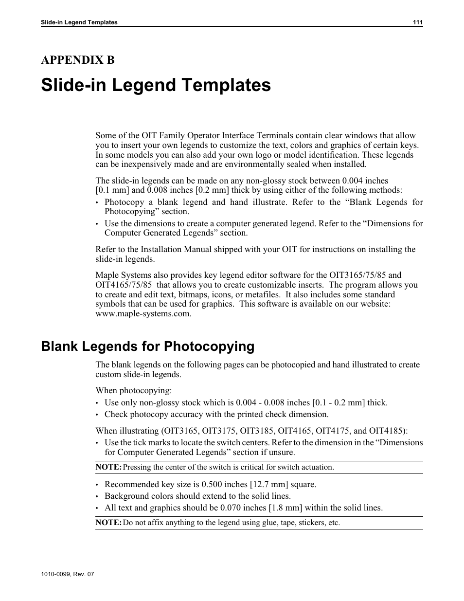 Ap pen dix b: slide-in leg end tem plates 111, Blank leg ends for pho to copying 111, Slide-in legends 111 | Slide-in legend 111, Blank legends for photocopying 111, Slide-in legend templates, Blank legends for photocopying, Appendix b | Maple Systems OIT Family User Manual | Page 111 / 127