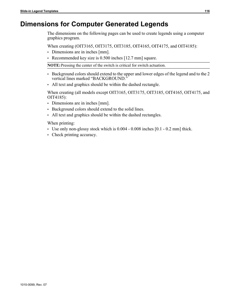 Dimensions for computer generated legends 116, Dimensions for computer generated legends | Maple Systems OIT Family User Manual | Page 116 / 127