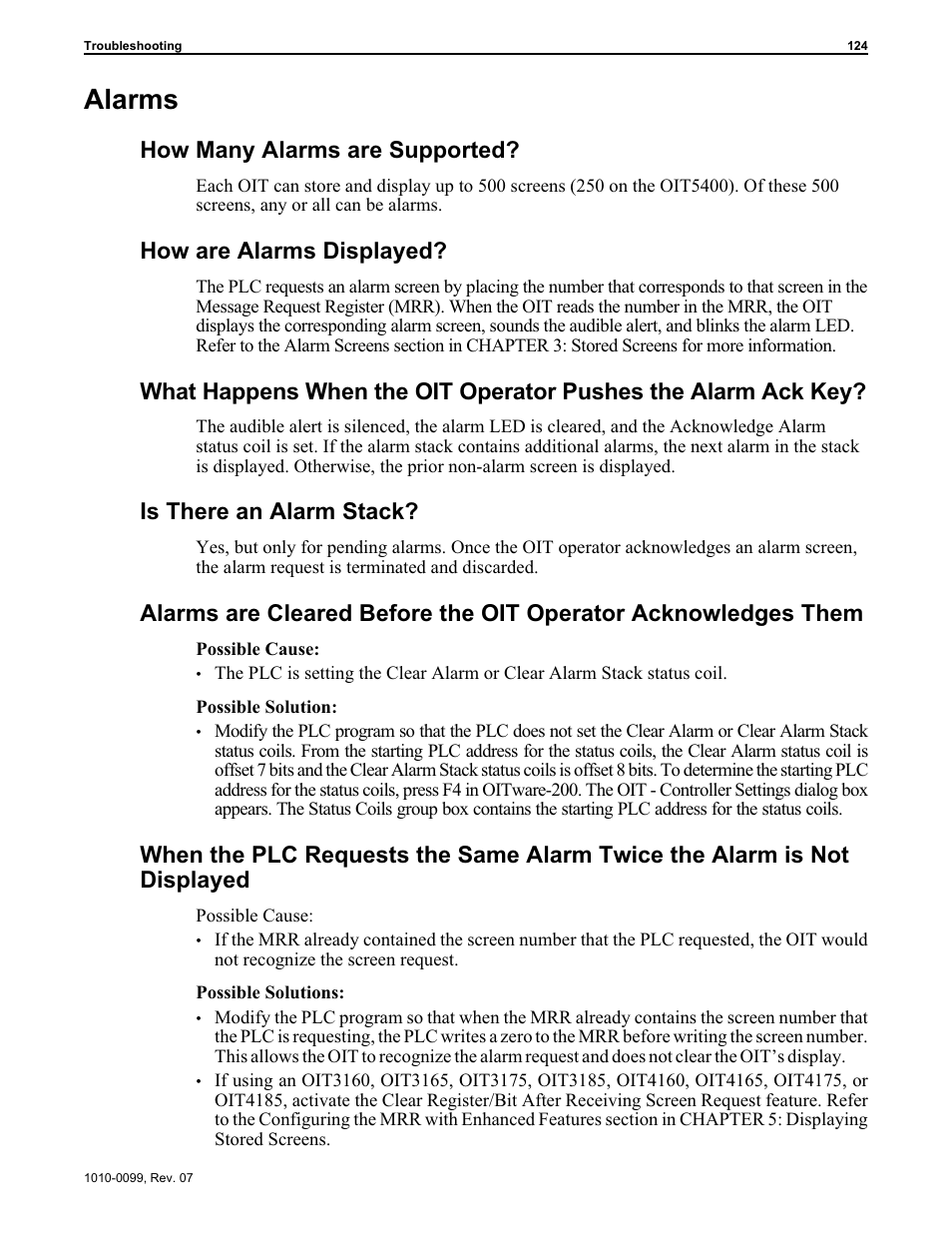 Alarms 124, Alarms, How many alarms are supported | How are alarms displayed, Is there an alarm stack | Maple Systems OIT Family User Manual | Page 124 / 127