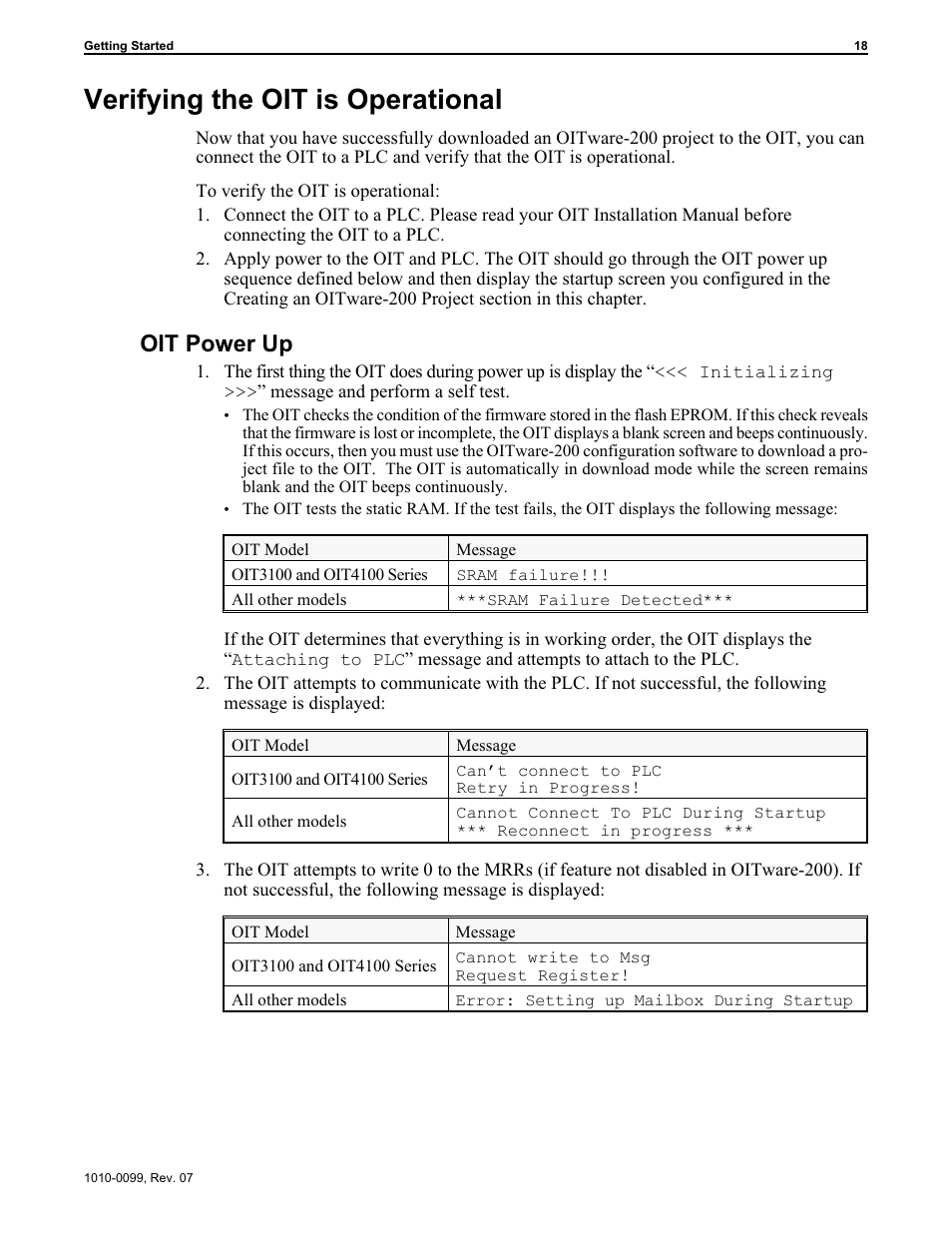 Ver ifying the oit is op er a tional 18, Oit power up sequence 18, Verifying the oit is operational | Oit power up | Maple Systems OIT Family User Manual | Page 18 / 127
