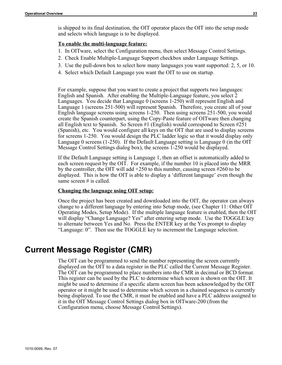 Cur rent mes sage reg is ter (cmr) 23, Key coils 23, Current message register (cmr) | Maple Systems OIT Family User Manual | Page 23 / 127