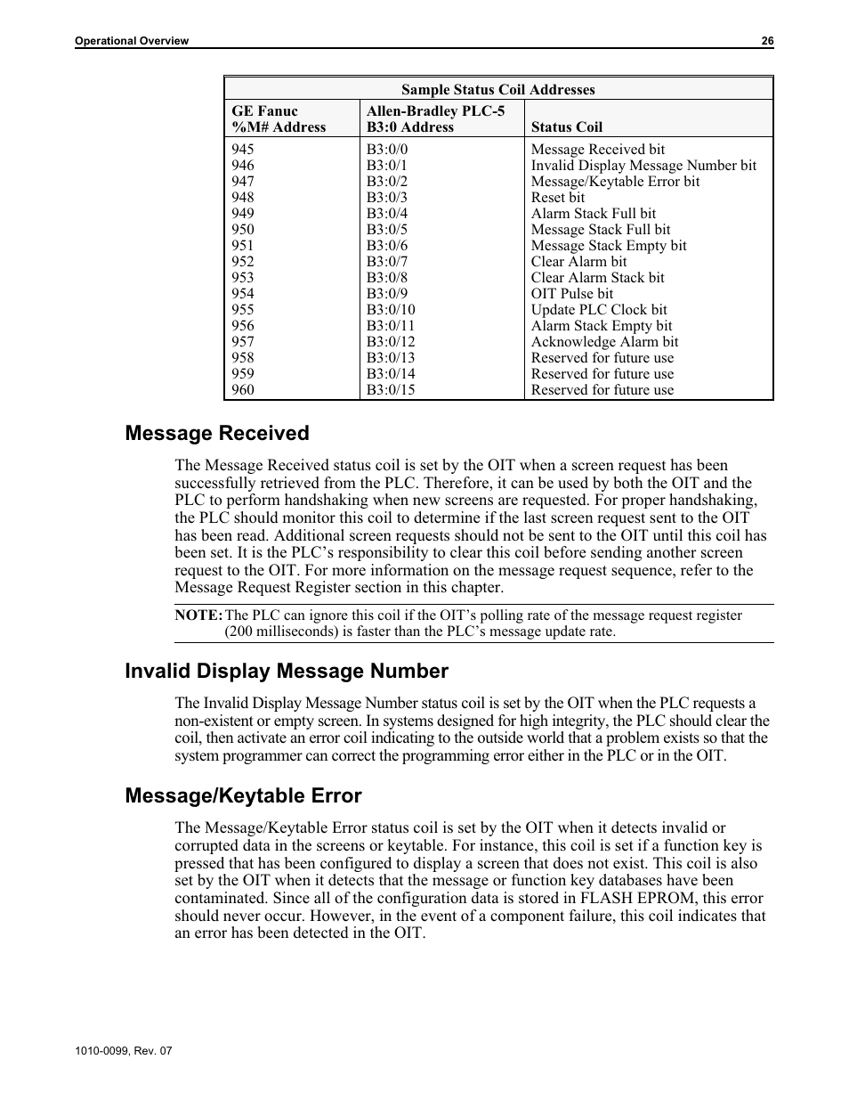Message received, Invalid display message number, Message/keytable error | Maple Systems OIT Family User Manual | Page 26 / 127