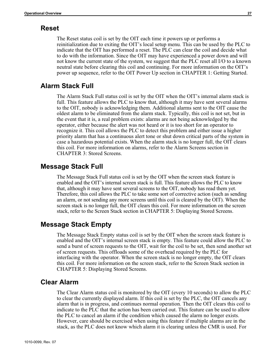 Reset, Alarm stack full, Message stack full | Message stack empty, Clear alarm | Maple Systems OIT Family User Manual | Page 27 / 127