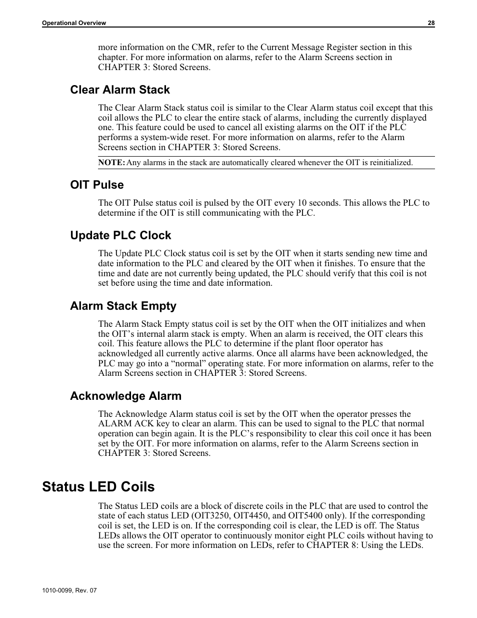 Sta tus led coils 28, Status 28, Coils 28 | Status led coils, Clear alarm stack, Oit pulse, Update plc clock, Alarm stack empty, Acknowledge alarm | Maple Systems OIT Family User Manual | Page 28 / 127