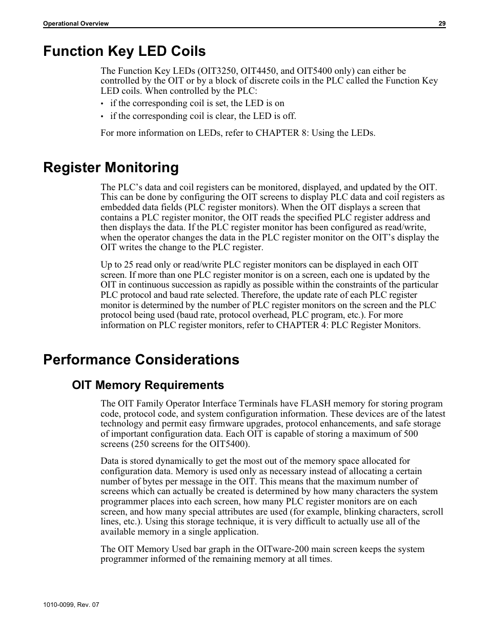 Func tion key led coils 29, Reg is ter mon i toring 29, Per for mance con sid er ations 29 | Coils 29, Function key 29, Plc register monitors 29, 44, Function key led coils, Register monitoring, Performance considerations | Maple Systems OIT Family User Manual | Page 29 / 127