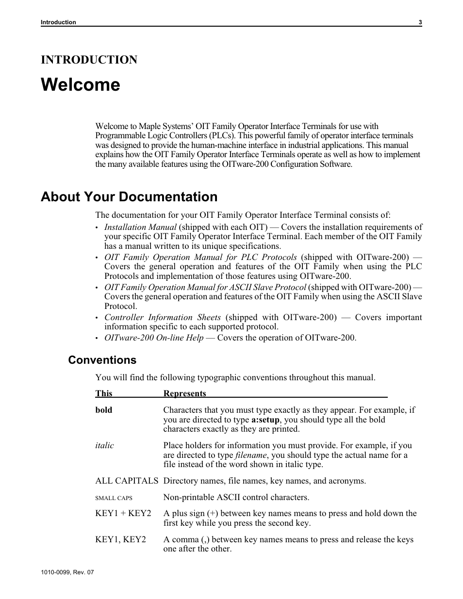 In tro duc tion: wel come 3, About your doc u men ta tion 3, Welcome | About your documentation, Introduction, Conventions | Maple Systems OIT Family User Manual | Page 3 / 127