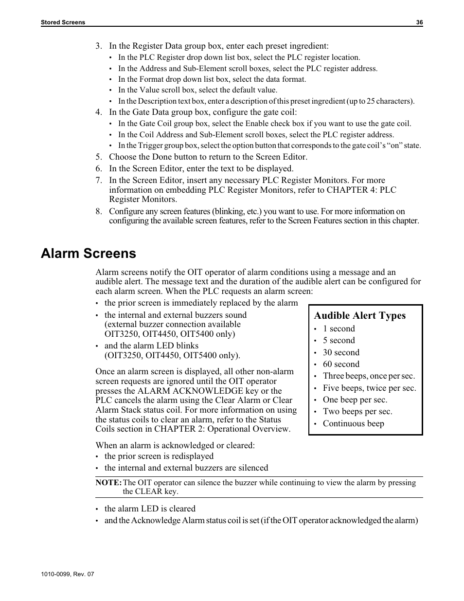 Alarm screens 36, Alarm screens, Audible alert types | Maple Systems OIT Family User Manual | Page 36 / 127