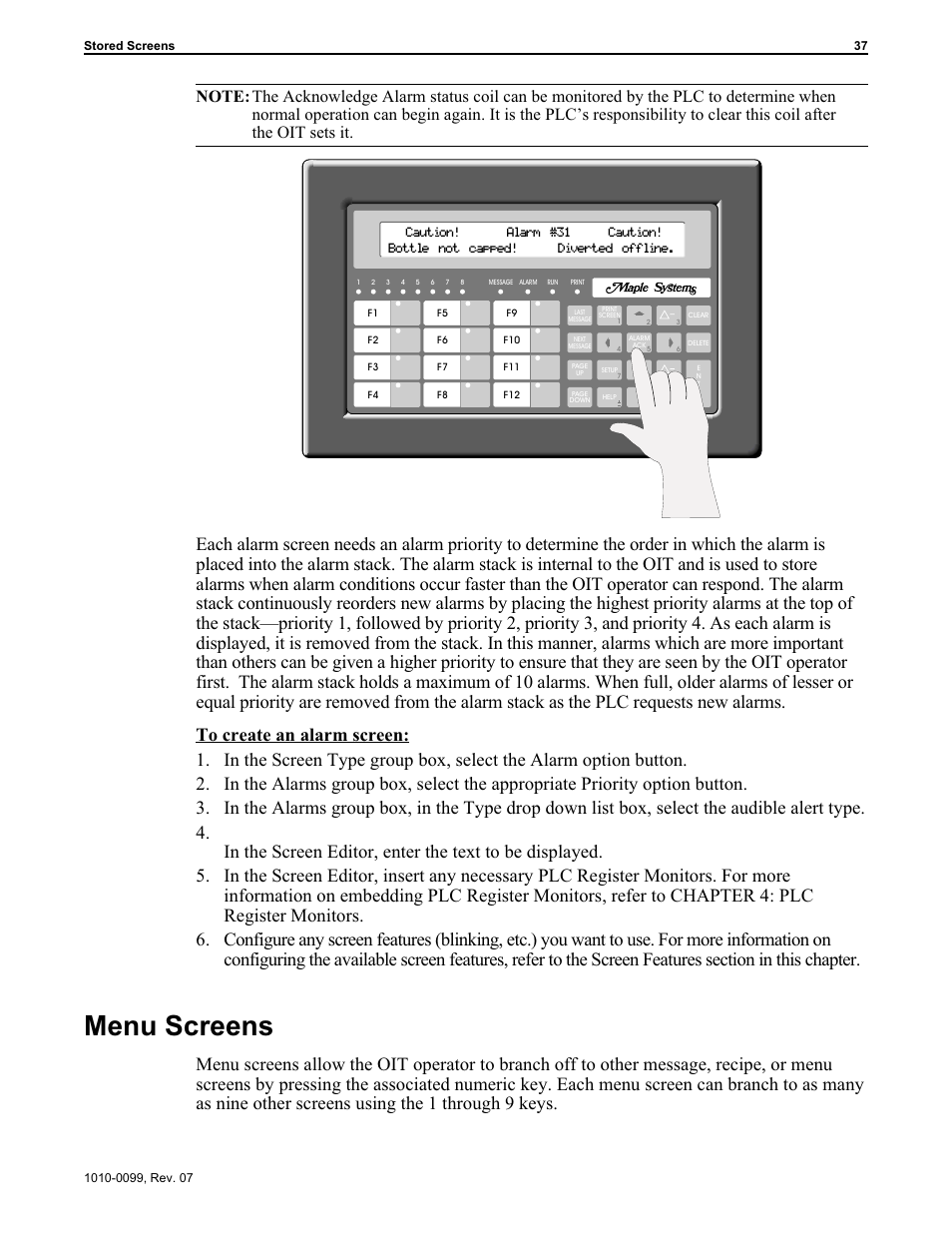 Menu screens 37, Configuring 37, Alarm stack 37 | Menu screens 37, 69, Menu screens | Maple Systems OIT Family User Manual | Page 37 / 127