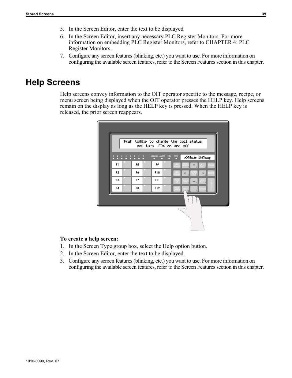 Help screens 39, Help screens 39, 41, Configuring 39 | Help screens | Maple Systems OIT Family User Manual | Page 39 / 127