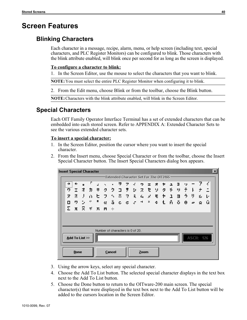 Screen fea tures 40, Blinking characters 40, Special characters 40 | Extended character sets 40, 109, Screen features, Blinking characters, Special characters | Maple Systems OIT Family User Manual | Page 40 / 127