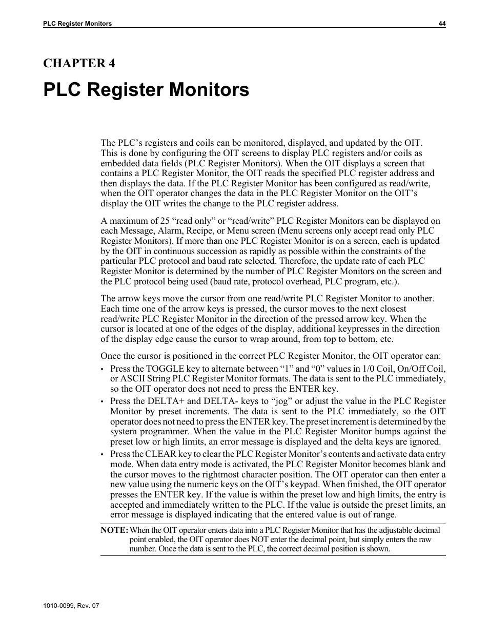 Chap ter 4: plc reg is ter mon i tors 44, Plc register monitors, Chapter 4 | Maple Systems OIT Family User Manual | Page 44 / 127