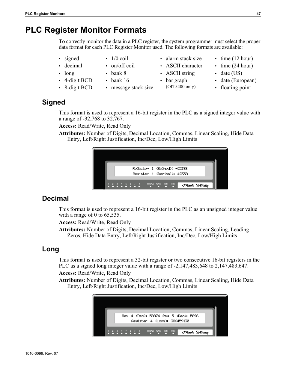 Plc reg is ter mon i tor for mats 47, Plc register monitor formats 47, Decimal 47 | Long 47, Signed 47, Plc register monitor formats, Signed, Decimal, Long, Digit bcd | Maple Systems OIT Family User Manual | Page 47 / 127