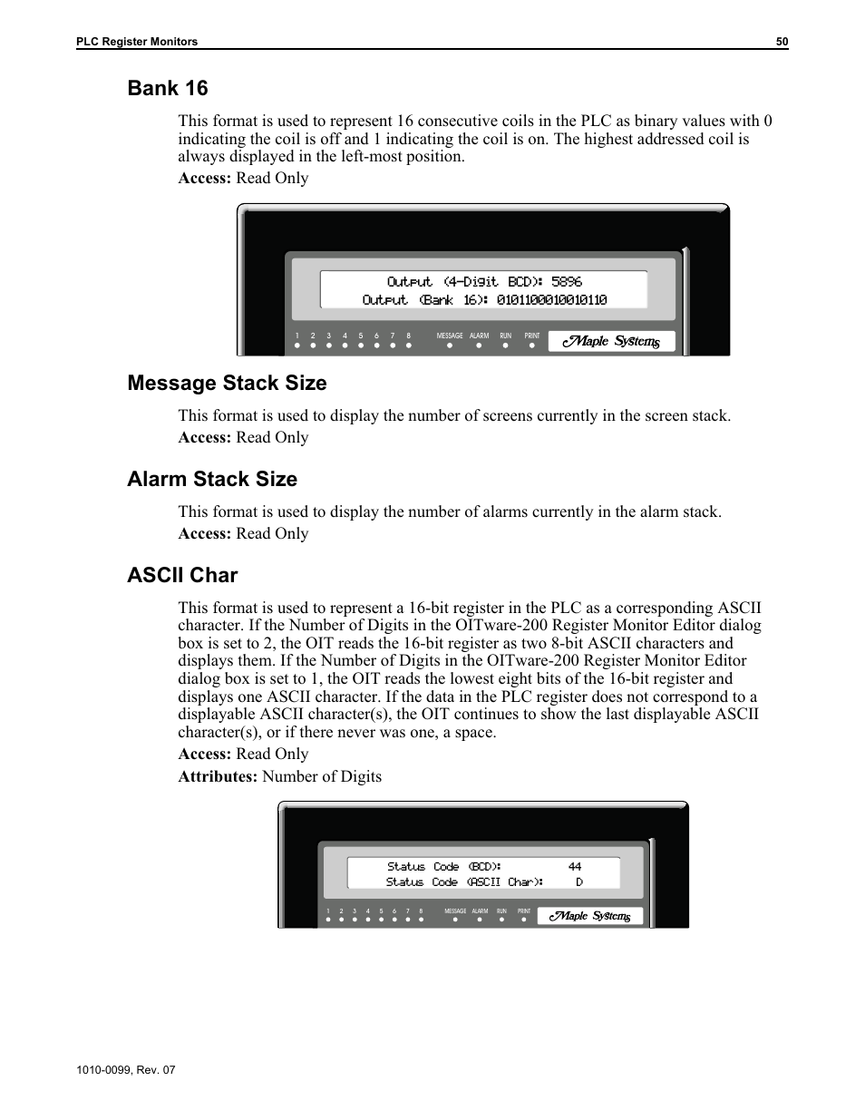 Plc register monitor format 50, Alarm stack size 50, Ascii char 50 | Bank 16 50, Message stack size 50, Bank 16, Message stack size, Alarm stack size, Ascii char | Maple Systems OIT Family User Manual | Page 50 / 127