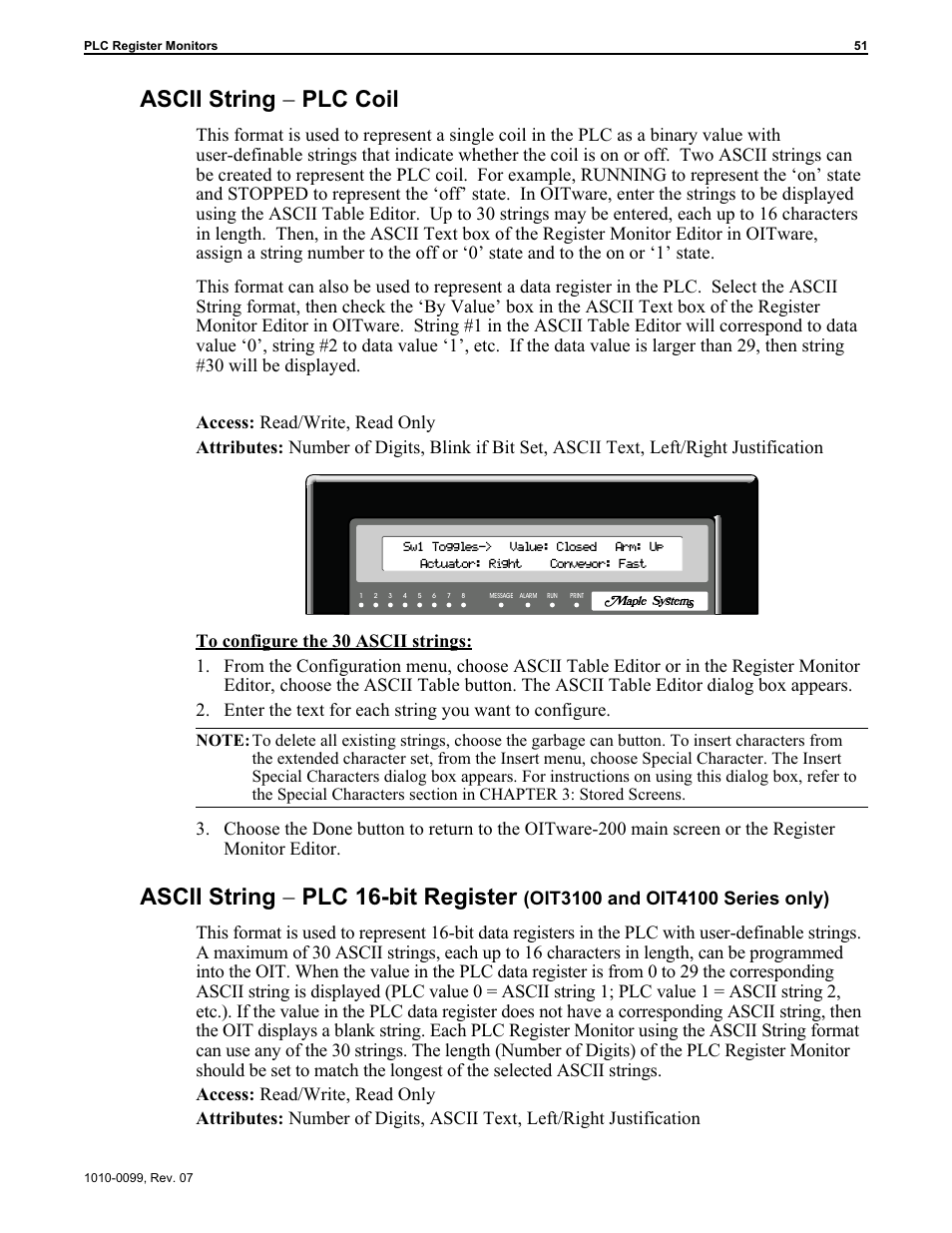 Ascii string - plc 16-bit register 51, Ascii string - plc coil 51, Ascii string - plc coil | Ascii string - plc 16-bit register | Maple Systems OIT Family User Manual | Page 51 / 127
