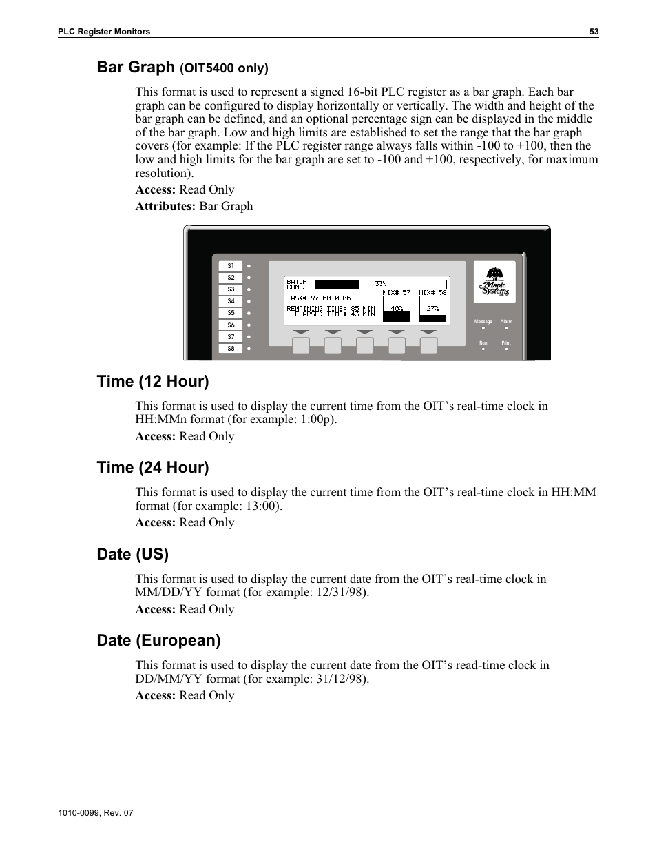 Plc register monitor format 53, Bar graph 53, Date (european) 53 | Date (us) 53, Time (12 hour) 53, Time (24 hour) 53, Bar graph, Time (12 hour), Time (24 hour), Date (us) | Maple Systems OIT Family User Manual | Page 53 / 127