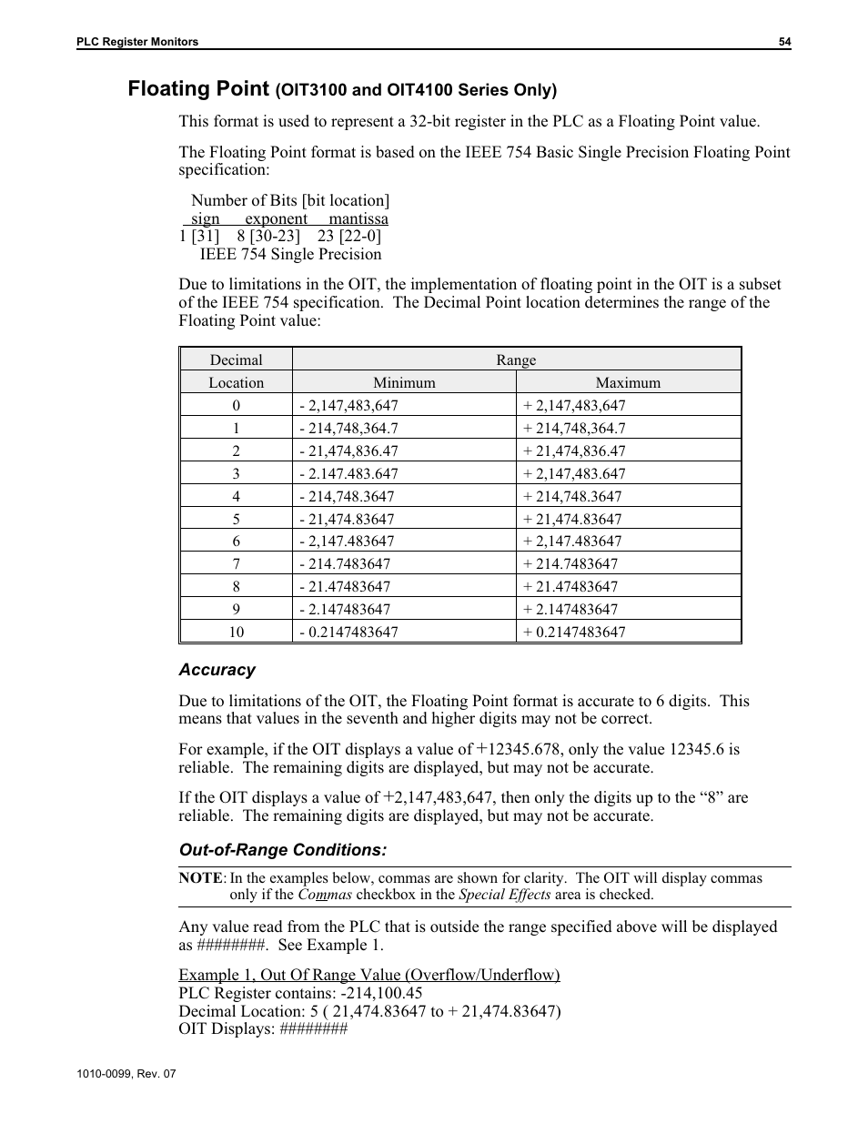 Floating point 54, Floating point | Maple Systems OIT Family User Manual | Page 54 / 127