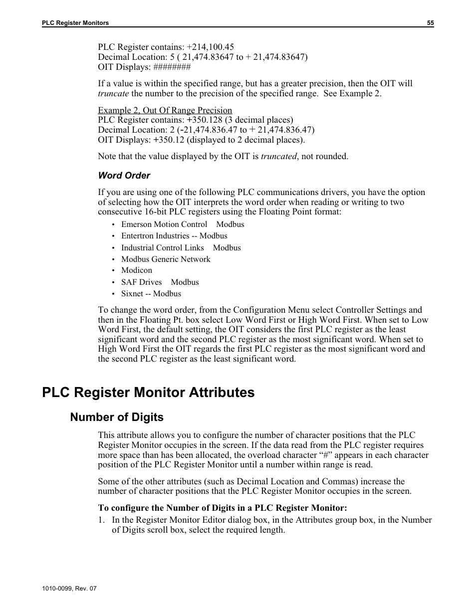 Plc reg is ter mon i tor at trib utes 55, Plc register monitor attributes 55, Number of digits 55 | Plc register monitor attributes, Number of digits | Maple Systems OIT Family User Manual | Page 55 / 127