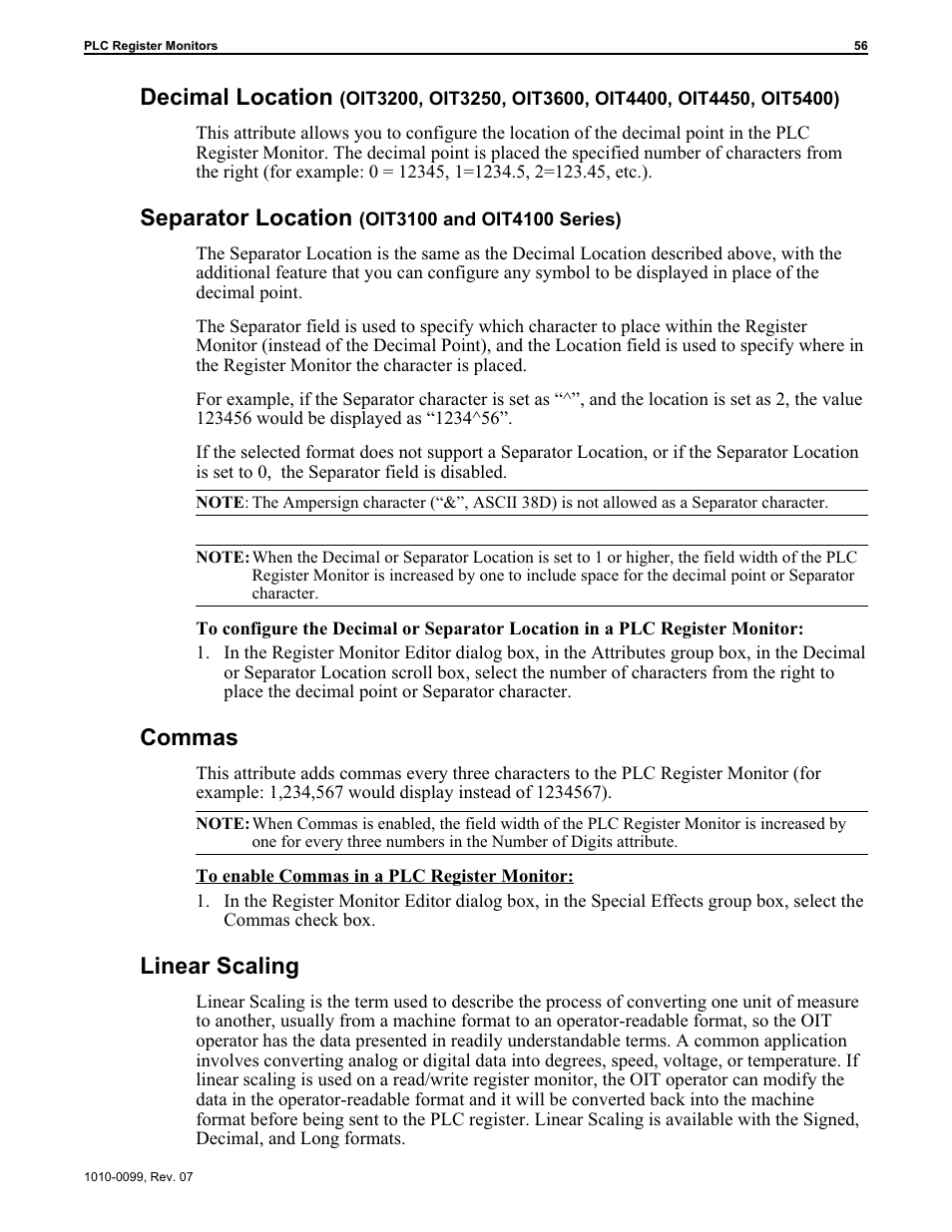 Linear scaling 56, Commas 56, Decimal location 56 | Separator location 56, Decimal location, Separator location, Commas, Linear scaling | Maple Systems OIT Family User Manual | Page 56 / 127