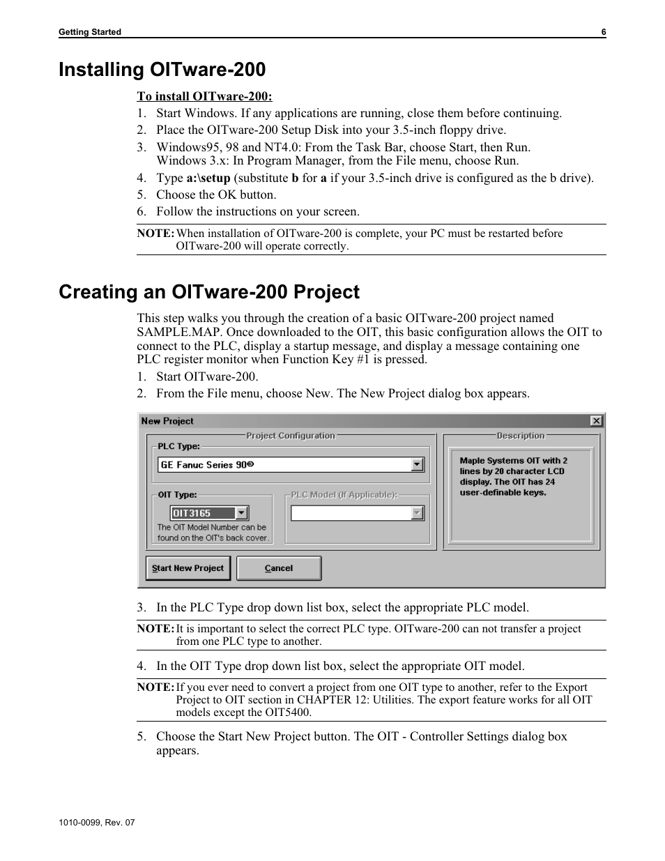 In stalling oitware-200 6, Cre ating an oitware-200 pro ject 6, Creating your first project 6 | Installing 6, Installing oitware-200, Creating an oitware-200 project | Maple Systems OIT Family User Manual | Page 6 / 127