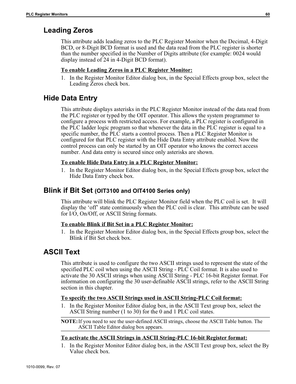 Blink if bit set 60, Ascii text 60, Hide data entry 60 | Leading zeros 60, Leading zeros, Hide data entry, Blink if bit set, Ascii text | Maple Systems OIT Family User Manual | Page 60 / 127