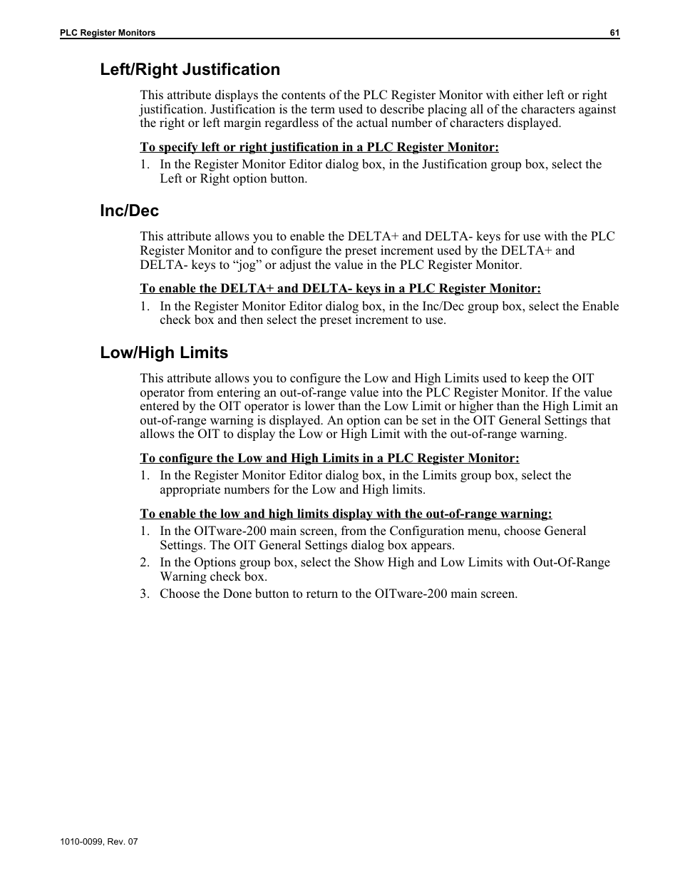 Inc/dec 61, Left/right justification 61, Low/high limits 61 | Left/right justification, Inc/dec, Low/high limits | Maple Systems OIT Family User Manual | Page 61 / 127