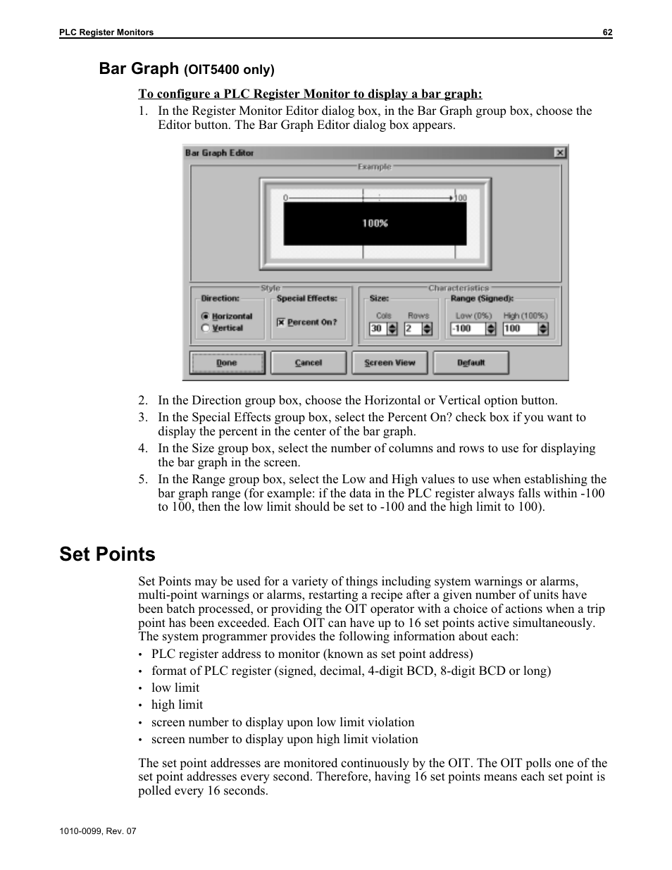 Set points 62, Configuring 62, Bar graph 62 | Set points 62, 72, Set points, Bar graph | Maple Systems OIT Family User Manual | Page 62 / 127