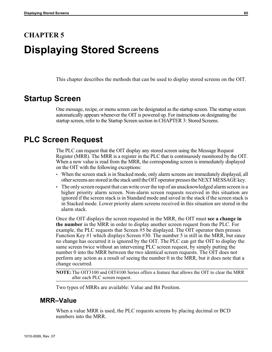 Chap ter 5: dis playing stored screens 65, Startup screen 65, Plc screen re quest 65 | Displaying stored screens 65, Plc screen request 65, Value 65, Displaying stored screens, Startup screen, Plc screen request, Chapter 5 | Maple Systems OIT Family User Manual | Page 65 / 127