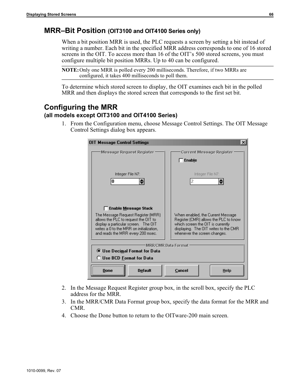Bit position 66, Configuring 66, 67, Mrr–bit position | Configuring the mrr | Maple Systems OIT Family User Manual | Page 66 / 127