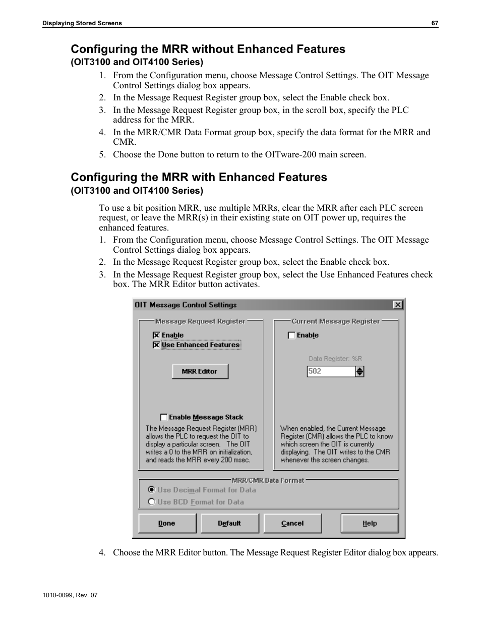 Configuring with enhanced features 67, Configuring the mrr without enhanced features, Configuring the mrr with enhanced features | Maple Systems OIT Family User Manual | Page 67 / 127