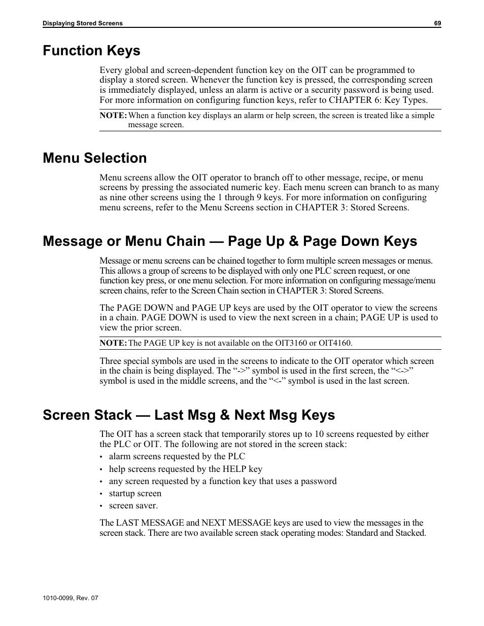 Func tion keys 69, Menu se lec tion 69, Screen stack š last msg & next msg keys 69 | Last message key 69, Function keys 69, Menu selection 69, Message or menu chain 69, Screen stack 69, Displaying stored screens 69, Function keys | Maple Systems OIT Family User Manual | Page 69 / 127