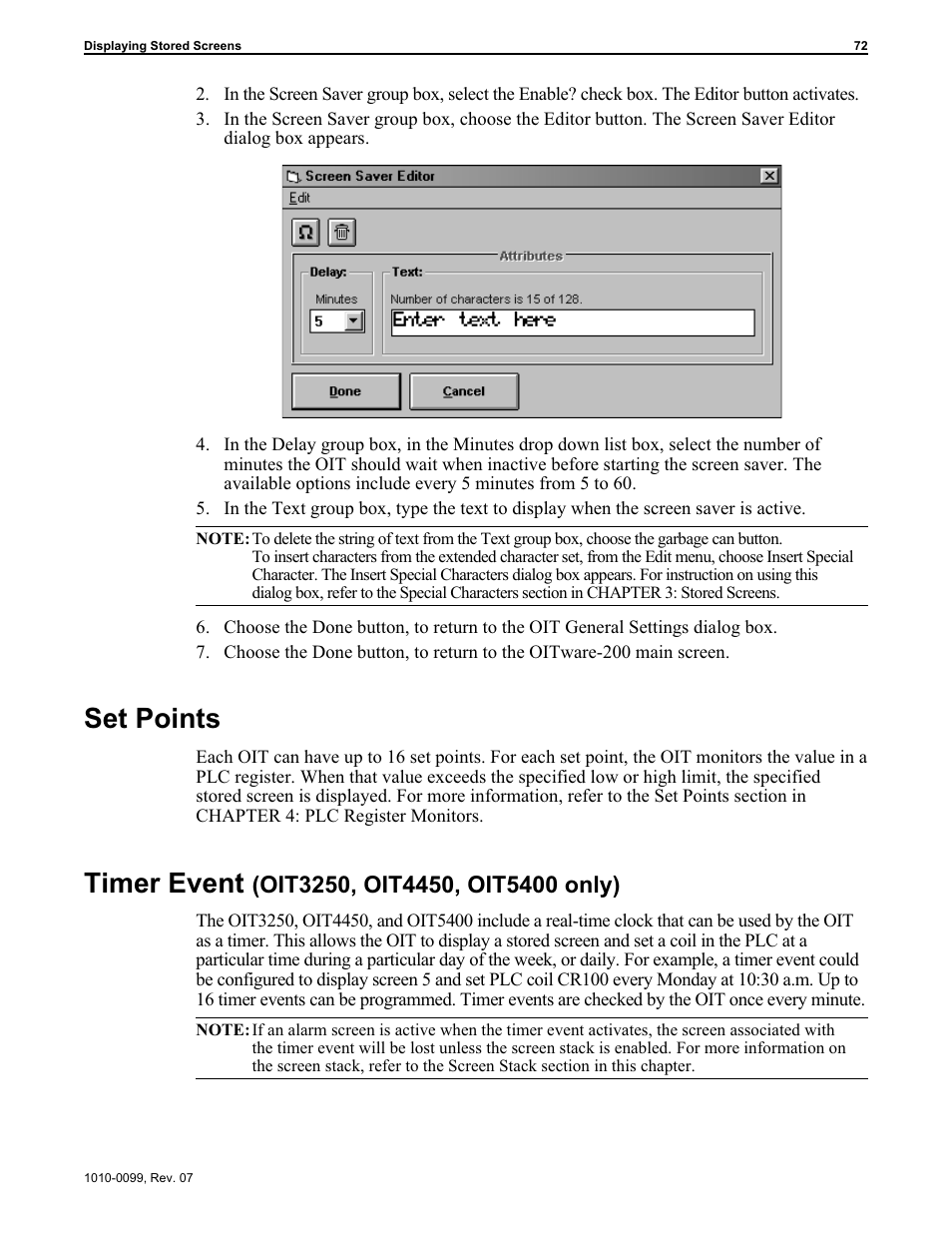 Set points 72, Timer event (oit3250, oit4450, oit5400 only) 72, Timer event 72 | Set points, Timer event | Maple Systems OIT Family User Manual | Page 72 / 127