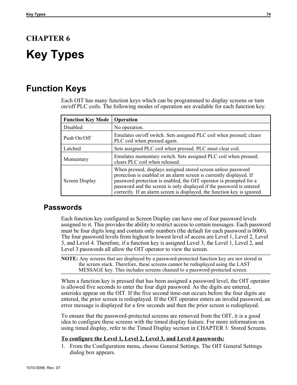 Chap ter 6: key types 74, Func tion keys 74, Global function keys 74, 75 | Passwords 74, Key types 74, Function keys 74, Screen dependent function keys 74, 77, Key types, Function keys, Chapter 6 | Maple Systems OIT Family User Manual | Page 74 / 127