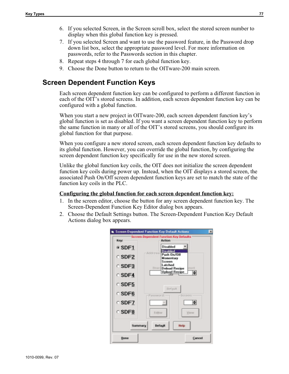 Configuring the global function 77, Screen dependent function keys | Maple Systems OIT Family User Manual | Page 77 / 127